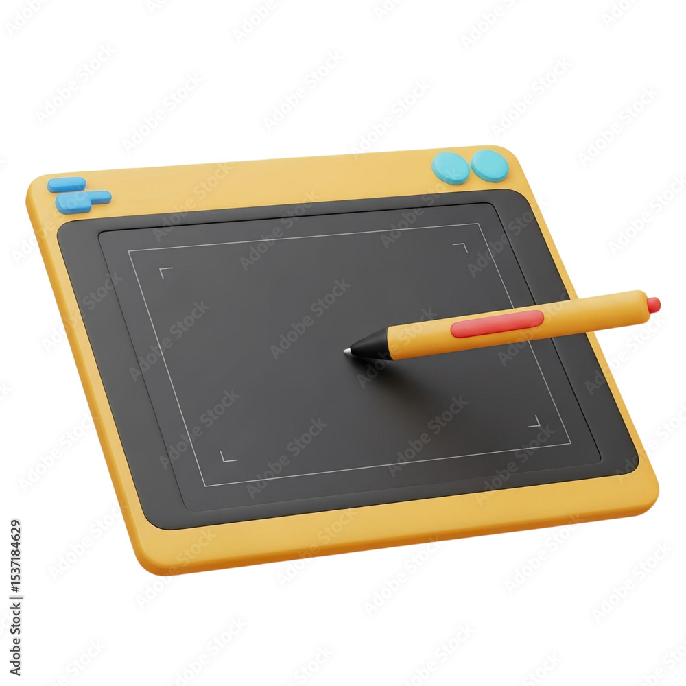 Poster a yellow graphic tablet with a pen resting on it, featuring blue buttons and a rectangular screen ar