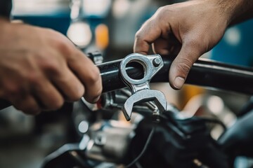 Hands skillfully tighten braces on a black pipe in a bustling motorcycle repair shop environment