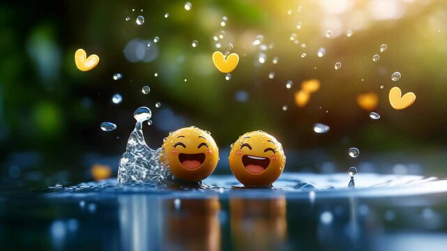 Cheerful outdoor summer scene with water splash, floating hearts, yellow ball smiley faces, sunlight, and fun, capturing joyful and lively moments of happiness and cheerful outdoor play