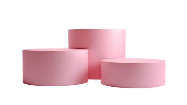 Three pale pink cylindrical platforms stand isolated on transparent background, creating a minimalist display