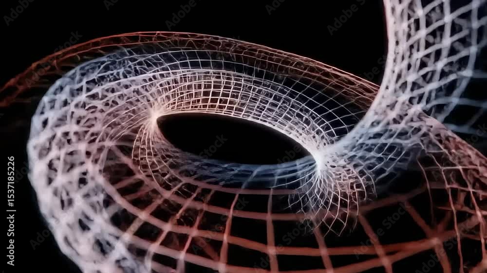 Poster abstract torus animation: wireframe mesh rotating in dark space, geometric art
