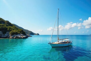 Tranquil scene of a sailboat gently rocking at anchor in a calm bay, surrounded by clear blue water and a picturesque shoreline , rocks, ocean