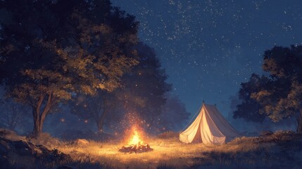 Campfire Illuminates a Tent in a Starlit Forest
