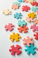 Fototapeta premium A scattering of simple, unadorned puzzle pieces, various shapes and sizes, lie on a clean, neutral background Perfect for concepts of simplicity, unity, or problem-solving , overhead, forms, hobby