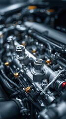 Fototapeta premium Close-up of a Complex Engine with Intricate Components and Valves