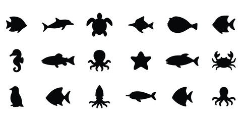 Silhouettes of various sea animals including fish, octopus, crab, and turtle, isolated vector marine life icons