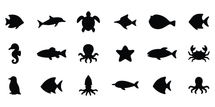 Silhouettes of various sea animals including fish, octopus, crab, and turtle, isolated vector marine life icons - Powered by Adobe