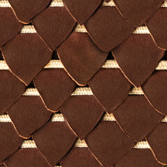 Seamless 4k photo texture material of dark brown scaly armor leather surface with ropes.