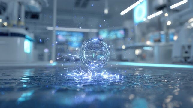 A transparent sphere interacts with water droplets on a reflective surface in a high-tech environment.