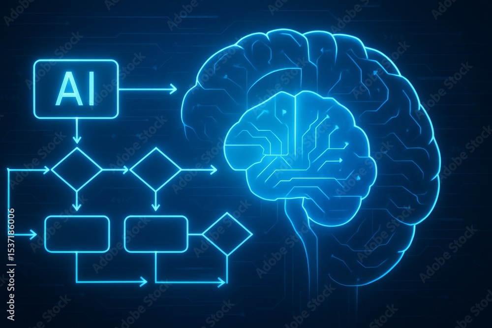 Poster ai brain with glowing flowchart diagram