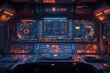 Futuristic cockpit interior with illuminated control panels and digital data displays in vivid colors