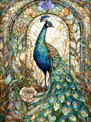Elegant Peacock Stained Glass Mosaic: Dazzling fragments capture a vibrant interplay of hues and intricate patterns, invoking wonder and artistic allure.