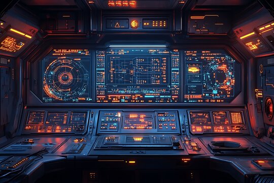 Futuristic cockpit interior with illuminated control panels and digital data displays in vivid colors