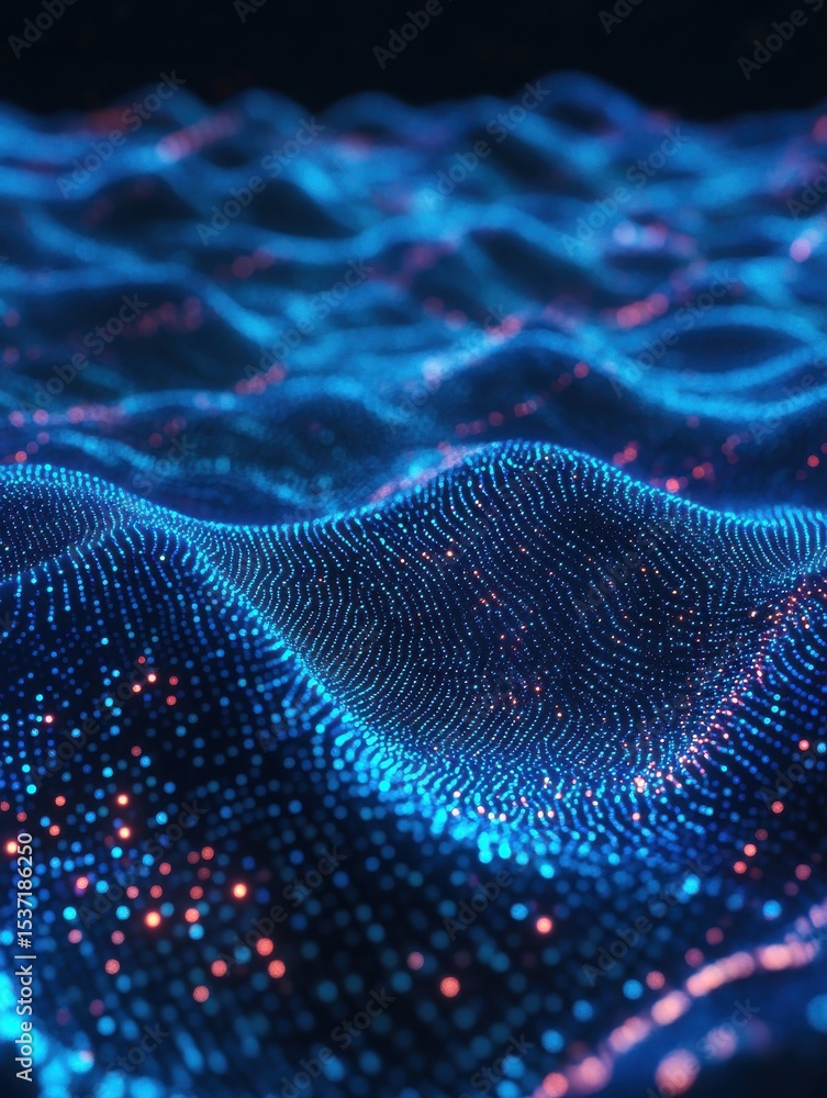 Poster stylized digital landscape with vibrant blue and cyan lights on a dark background, showcasing a dyna