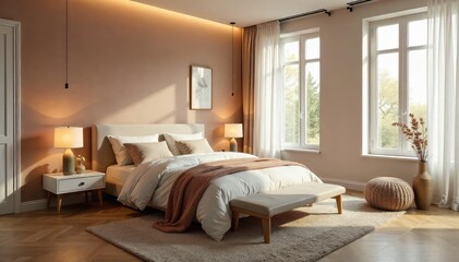 Serene bedroom interior designed for ultimate relaxation, featuring soft lighting, plush bedding, and calming decor Perfect for promoting sleep products or interior design , home interior, decor