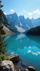 Obraz premium Serene mountain lake reflecting a clear blue sky, untouched nature at its finest, tranquil waters, peaceful landscape Perfect for relaxation and meditation themes , serene, environment, vibrant