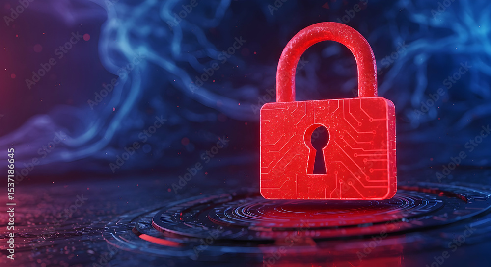 Poster red glowing circuit board lock on dark background
