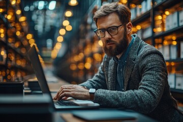 Businessman using computer for cloud-based document management and file storage.