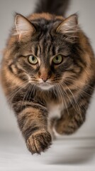 Obraz premium A tabby cat with striking green eyes is captured mid-stride, showcasing its dynamic movement and soft fur texture.