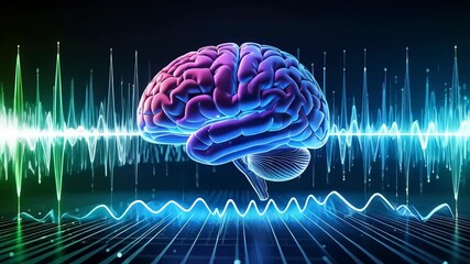 Vivid brain visualization with audio wave pattern, showcasing neural activity and data processing in a technologically advanced setting. - Powered by Adobe