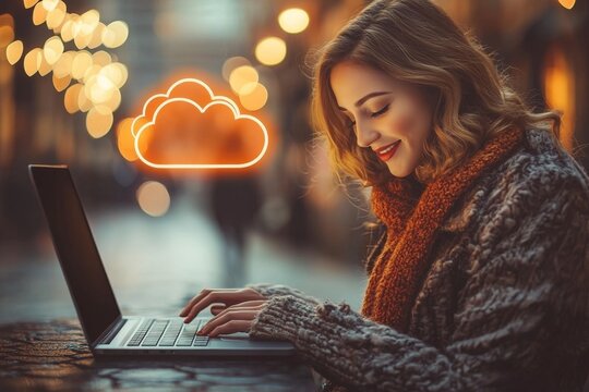Businesswoman using laptop for cloud-based document management and file storage.