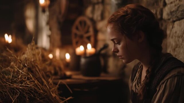 Pensive young woman with braided hair sits by candlelight in a rustic medieval setting, surrounded by hay and stone walls, evoking historical or fantasy themes