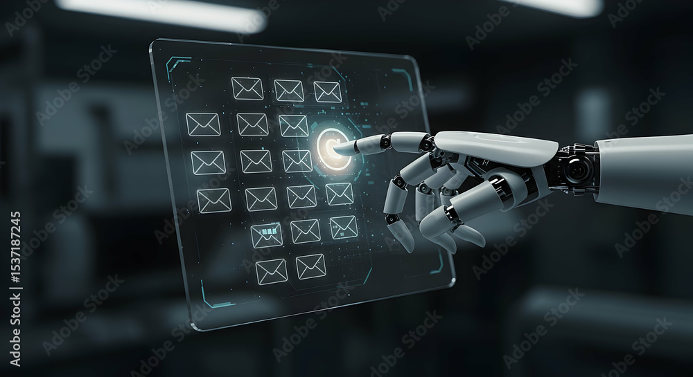Poster robotic hand interacting with futuristic digital interface