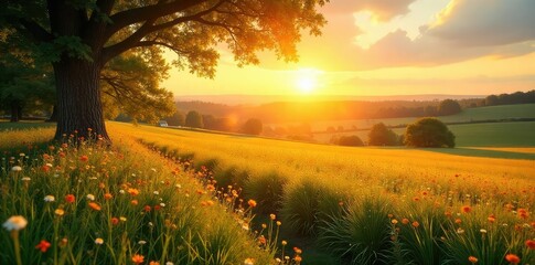 Golden hour sunlight bathes a vibrant summer landscape in warm, golden light Perfect for travel, vacation, or summer themed projects Enjoy the idyllic scene!, light, warmth, vacation