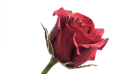 A wilting red rose with drooping petals against a white background