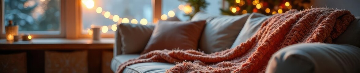 Cozy winter scene featuring a plush couch draped with a thick knit throw blanket, perfect for a relaxing day indoors Warm lighting enhances the inviting atmosphere , home, fire