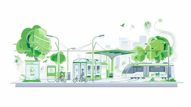 A conceptual illustration of a green transportation hub with electric trams and bike-sharing stations, symbolizing eco-friendly mobility and sustainable urban transit, minimalist style