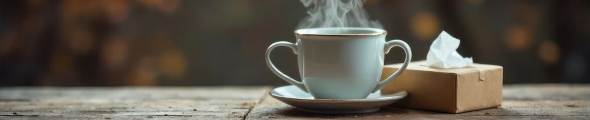 Close-up of a steaming mug beside a box of tissues on a rustic wooden table, indicative of a winter cough and cold remedy Perfect for blogs, websites, or health-related content , illness, home, table
