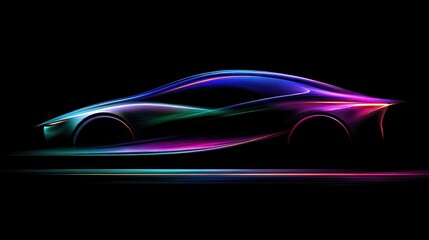 Sleek, futuristic car silhouette with vibrant neon outlines against a dark background