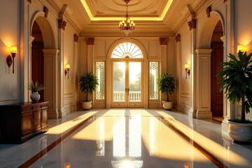 Fototapeta premium A luxurious and spacious foyer bathed in warm golden light, featuring elegant architectural details and gleaming surfaces , chandelier, gilded, gold