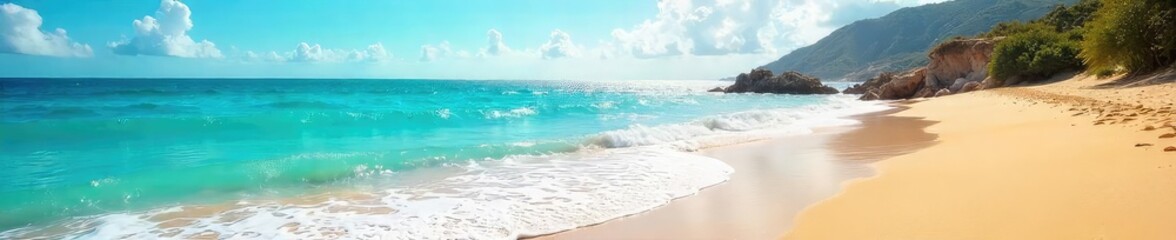 Sun-drenched beach scene with vibrant blue ocean waves crashing on the shore, golden sand, and a bright summer sky Perfect for travel, vacation, or summer themes , summertime, travel
