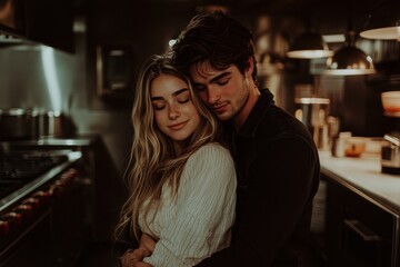 Intimate couple embracing in a cozy kitchen