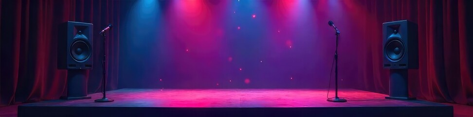 Elevated stage with professional speakers and microphones, ready for a presentation or conference Ideal for corporate events, seminars, and public speaking imagery , clean, equipment, professional