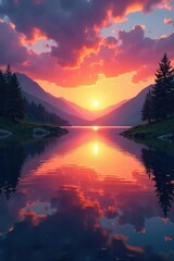 Serene landscape featuring a tranquil lake reflecting a vibrant sunset, promoting a sense of calm and peace for overall wellbeing , wellbeing, harmony, vibrant