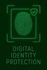 Digital identity protection concept featuring fingerprint scan and security shield symbol