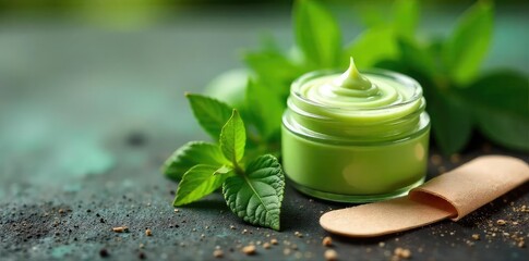 Close-up of a soothing, green herbal ointment jar, next to fresh herbs and bandages, suggesting natural healing and injury care , natural remedy, recovery