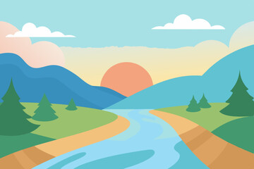 Serene landscape with mountains, often featuring a river, lake, or sea, under a vast sky with clouds, vibrant green grass, and trees, capturing the essence of nature in summer or spring