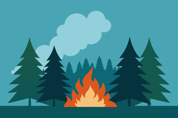 Obraz premium A festive winter illustration featuring a set of four Christmas trees, with one beside a warm fire, all designed in a vector style for the holiday season