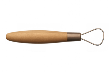 Wooden-handled ribbon sculpting tool featuring metal wire loop, resting against transparent backdrop, facilitating clay shaping techniques