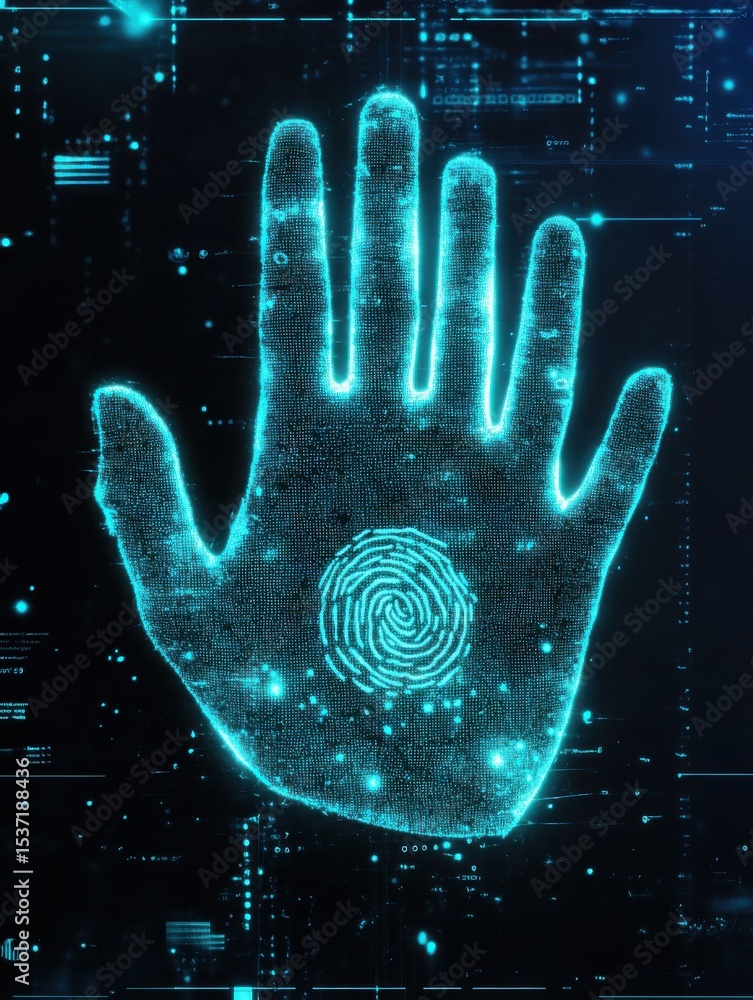 Poster glowing digital handprint on a screen symbolizing biometric authentication