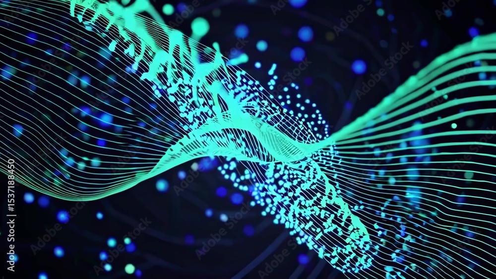 Aufkleber turquoise double helix rotating and glowing on dark background with bokeh effect represents futurist