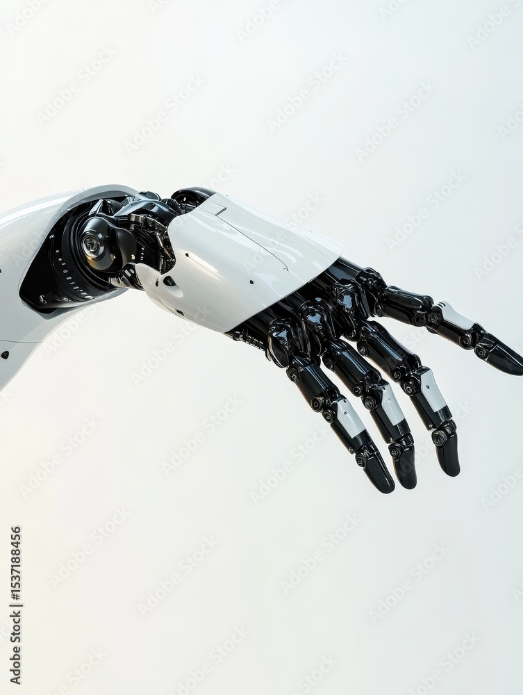 Poster futuristic robot presenting something. stylish tech design. mechanical arm extends. white, black bod