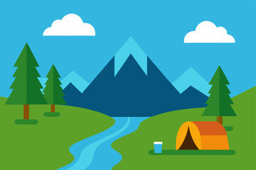 Fototapeta premium Winter mountain landscape illustration with a camping tent under a sunset sky