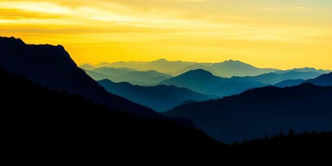 Fototapeta premium Abstract black, blue, yellow landscape; majestic silhouette mountains, hills, forest panorama Breathtaking view , yellow, panorama