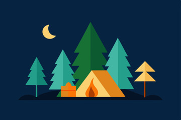 Obraz premium A festive winter landscape illustration featuring Christmas trees on a snowy beach, a decorated rooftop, and a mountainous backdrop, perfect for holiday card designs