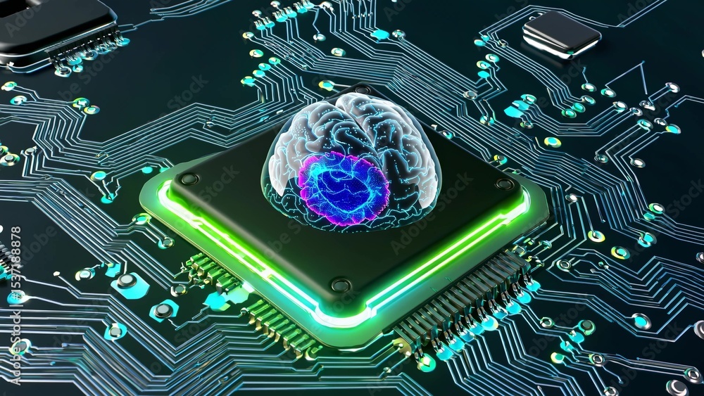 Poster glowing green and blue hologram of an artificial intelligence brain floating above a cpu on a futuri